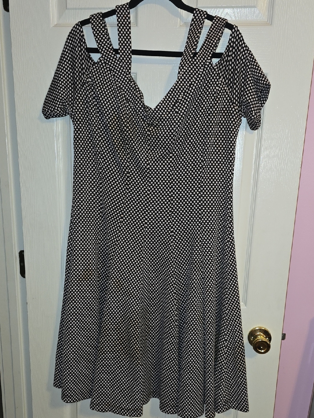 Julian Taylor Black and White Polka Dot Cold-Shoulder Midi Dress